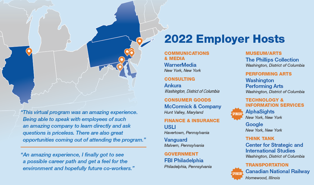 map of Eastern U.S. with 2022 Employer Host locations